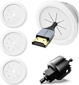 VCELINK TV Cord Hider for Wall Mounted TV, 2.36" (60 mm) Mini White Cable Management Kit Hides TV Wires Push Type, 4 Pack Wall Cord Pass Throughs and 1 Hole Saw Drill Ideal for Mounted TVs, Desks