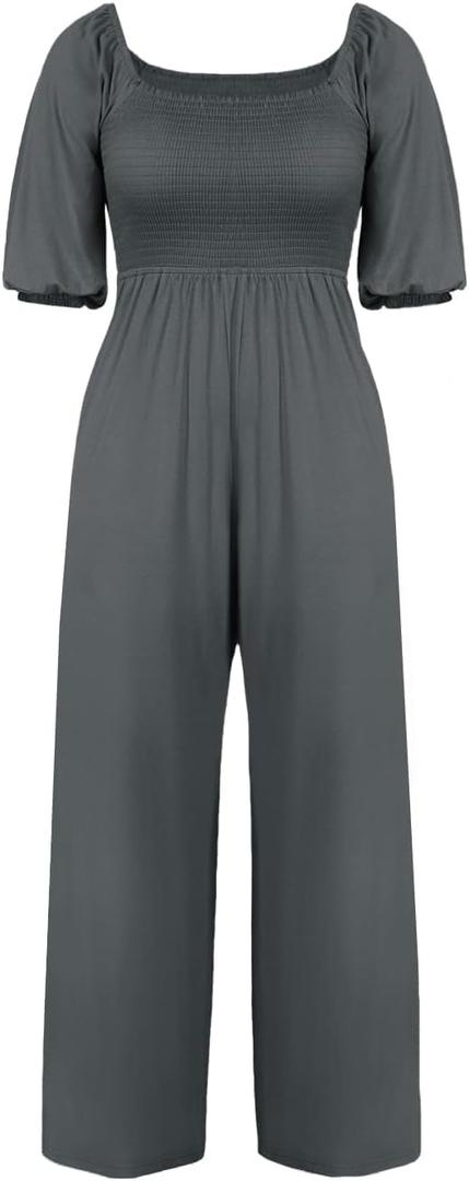 Tongmingyun Women's Casual Smocked Jumpsuits Loose Elastic Waist Wide Leg Flowy Long Pants Rompers (Gray, L)
