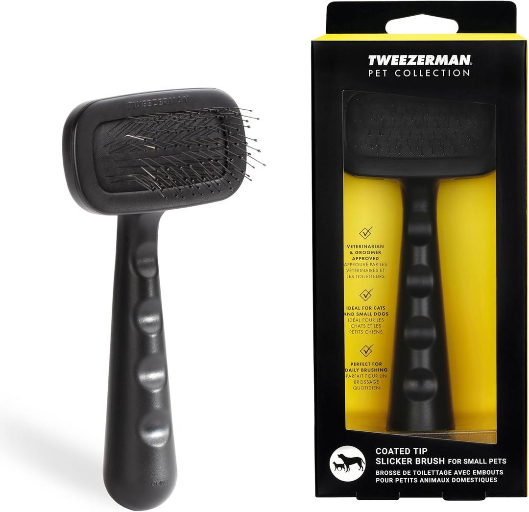 Tweezerman Dog and Cat Slicker Brush for Small Pets, Grooming Brush with Coated Bristles to Prevent Scratching and Ergonomic Handle (Black)