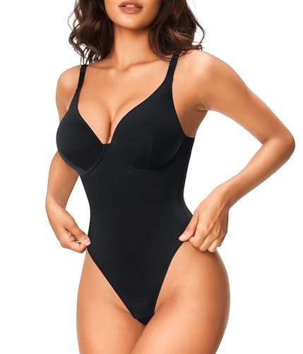 Nebility Shapewear Bodysuits for Women Tummy Control Body Shaper Deep V Neck Thong Body Suits (Black,Small)