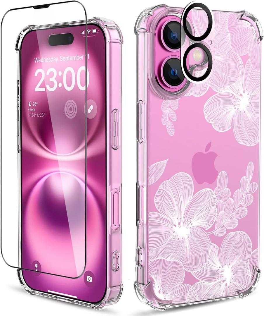 for iPhone 16 Case, 3 in 1 Screen & Lens Protectors, Floral Cover | Soft TPU Material | Clear Cute Flower Design | Shockproof Protection | Designed for Women & Girls,Flower-2/White