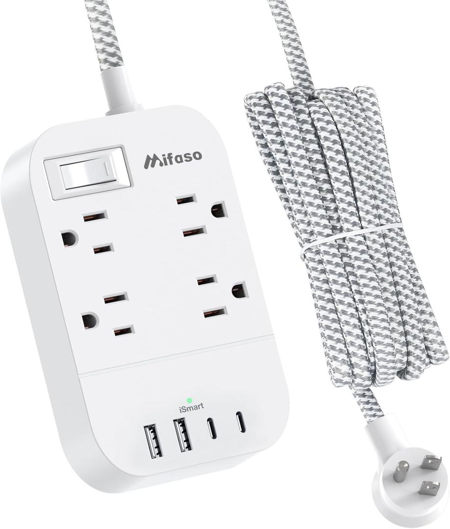 15FT Extension Cord, Flat Plug Power Strip with USB C, 4 Outlets with 4 USB Ports, Wall Mount, Overload Protection, Desk Charging Station for Office, School, Dorm Room Essentials, ETL Listed (White)