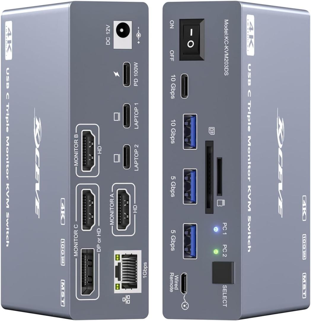 USB C KVM Switch 3 Monitors 2 Laptops 4K@60Hz, Displaylink USB C Docking Station 3 Monitor KVM for Windows Mac M1 M2 M3 M4, Extended Triple Displays,PD 100W,USB 3.0,USB 3.2,SD/TF,1G Ethernet