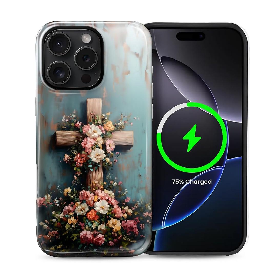 Case for iPhone 15 Pro Max, Magnetic Hybrid Shockproof Protective Phone Case with MagSafe Compatible Design, Floral Cross