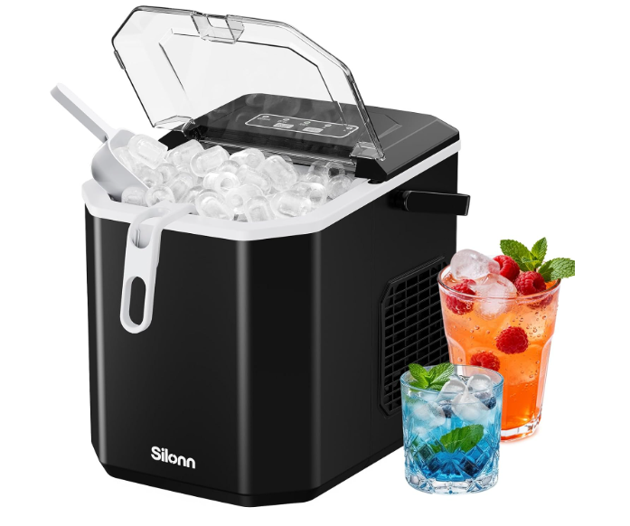 Silonn Ice Maker Countertop, Portable Ice Machine with Carry Handle, Self-Cleaning Ice Makers with Basket and Scoop, 9 Cubes in 6 Mins, 26 lbs per Day, Ideal for Home, Kitchen, Camping, RV