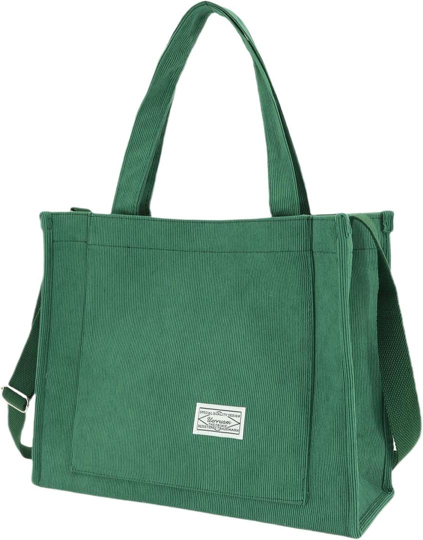 UERRUAM Corduroy Tote Bag for Women Work Crossbody Purse for Everyday,College,Travel,Lightweight Handbag Adjustable Strap (Medium, Green)