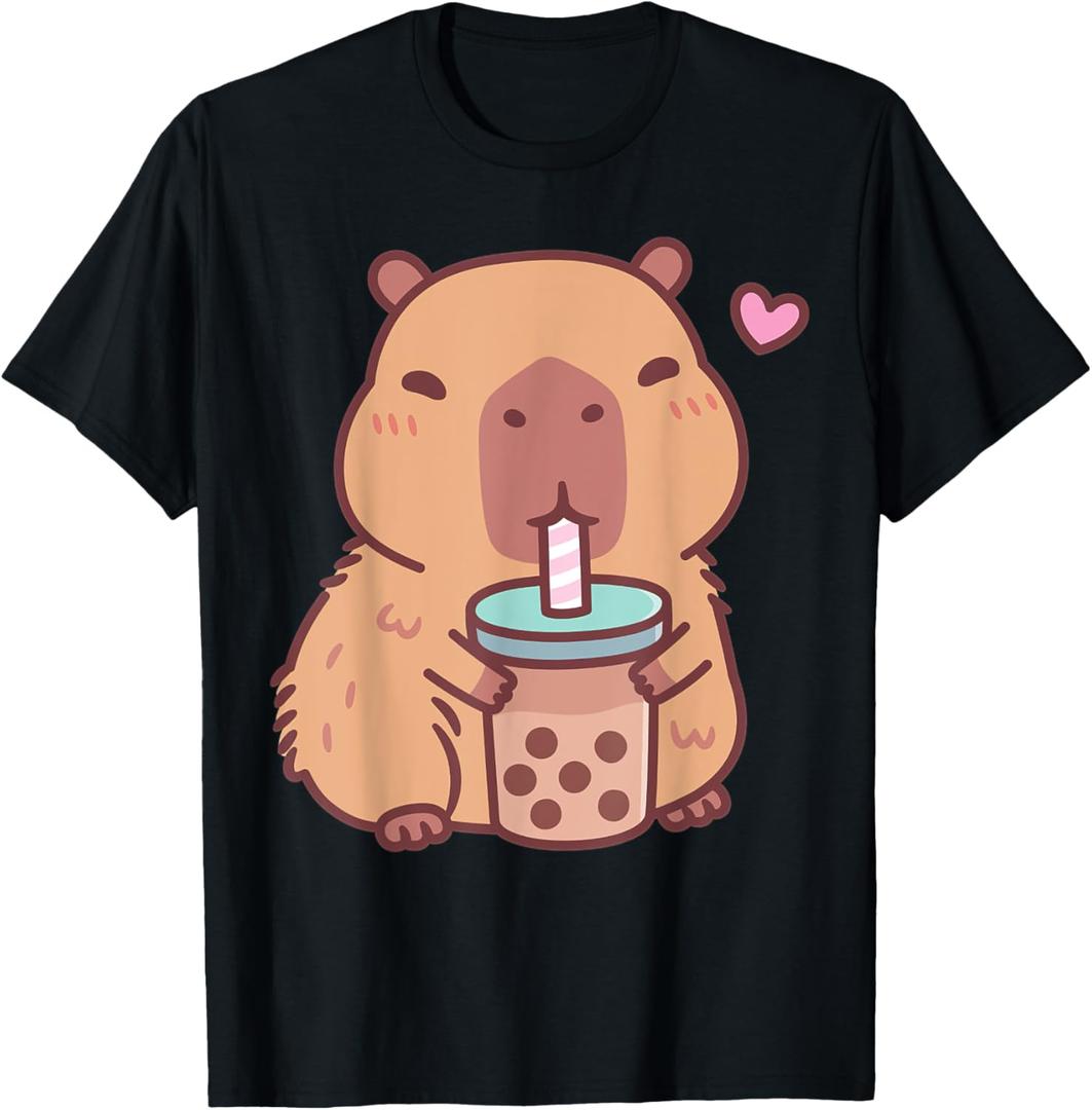Cute Capybara Kawaii Anime Drinking Bubble Tea Lover Girls T-Shirt (Small, Black)