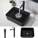black Bathroom Vessel Sink and Faucet Combo -VOKIM 19"x15" Modern Rectangle Above Counter black Porcelain Ceramic Vessel Vanity Sink Art Basin& Oil Rubbed Bronze Faucet Combo