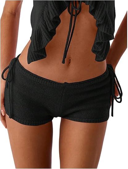 WDIRARA Women's Tie Side Knitted Mini Shorts High Waist Elastic Waisted Summer Cute Shorts XS