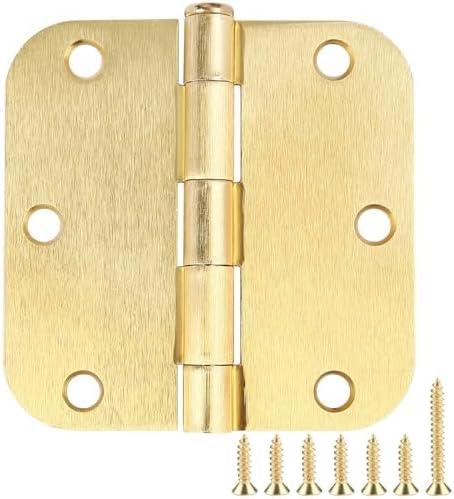 6 Pack Rounded Door Hinges 3.5 inch X 3-1/2" 5/8 Radius, Brushed Brass 3  Inch Satin Gold Interior Standard Hinge for Bedroom Wood/French Style Clear Glass Doors Easy Install Hardware Accessories