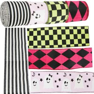 4 Roll Halloween Wired Ribbon 2.5x Total 20 Yards Pink Ghost Black White Stripes Hot Pink Lime Green Plaid Ribbons for Wreath Bows Gift Wrapping, Wreaths, Crafts(Halloween Set 1)