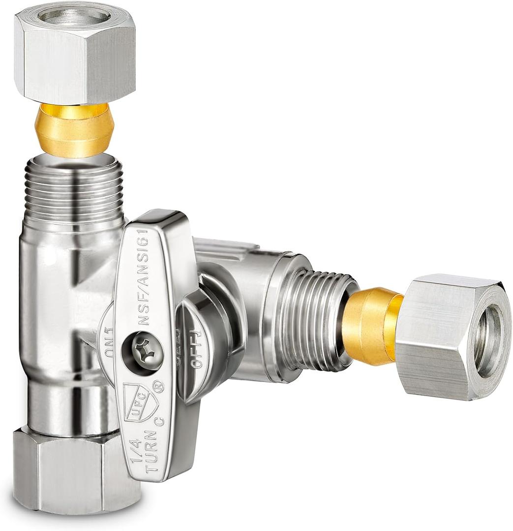 3/8" Brass Compression Angle Stop Valve, Water Line Splitter Connector Tee for Dishwasher, Commercial Sink Faucet, and Water Supply Line