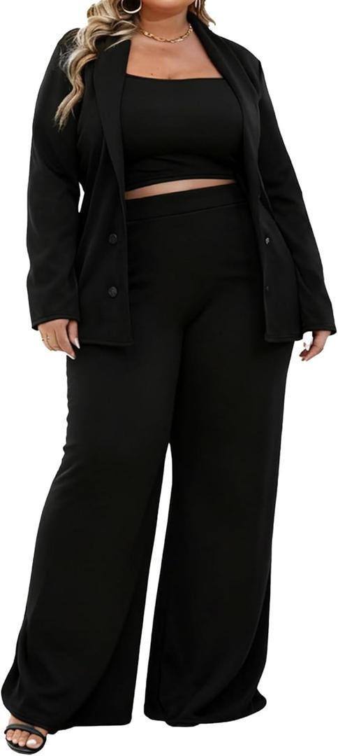 IyMoo Women Plus Size Pants Suits 3 Piece Set Long Sleeve Blazer Pants Suit Sets Dressy Business Casual Office Work Outfits (Black)