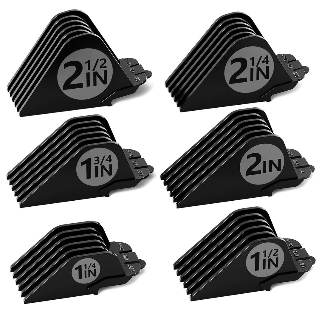 Clipper Guards Set 10 12 14 16 18 20 Compatible with Wahl Clippers, 6pcs Extra Long Clipper Guides Replacement - 2.5", 2.25", 2", 1.75", 1.5", 1.25" Hair Guard Clipper, Black Clipper Guards for Wahl