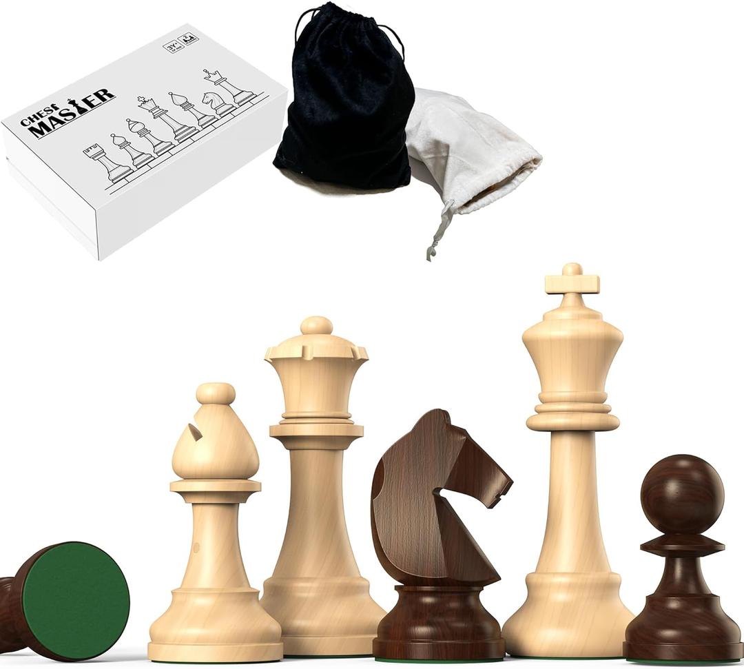 doowroodni Wooden Chess Pieces Large 3.75inch King Set of Luxury Staunton Wood Chessmen with 2 Extra Queen for Chess Board Game (Chess Pieces Only), Velvet Storage Bags Included