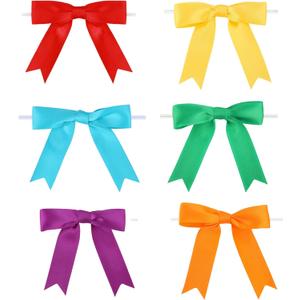 Meseey 3.5 Inch Satin Ribbon Twist Tie Bow 60 Pcs 6 Colors Pretied Premade Craft Bows for Treat Bags Gift Wrapping Basket Wedding Baby Shower Brithday Christmas Party(3.5 inch, Rainbow)