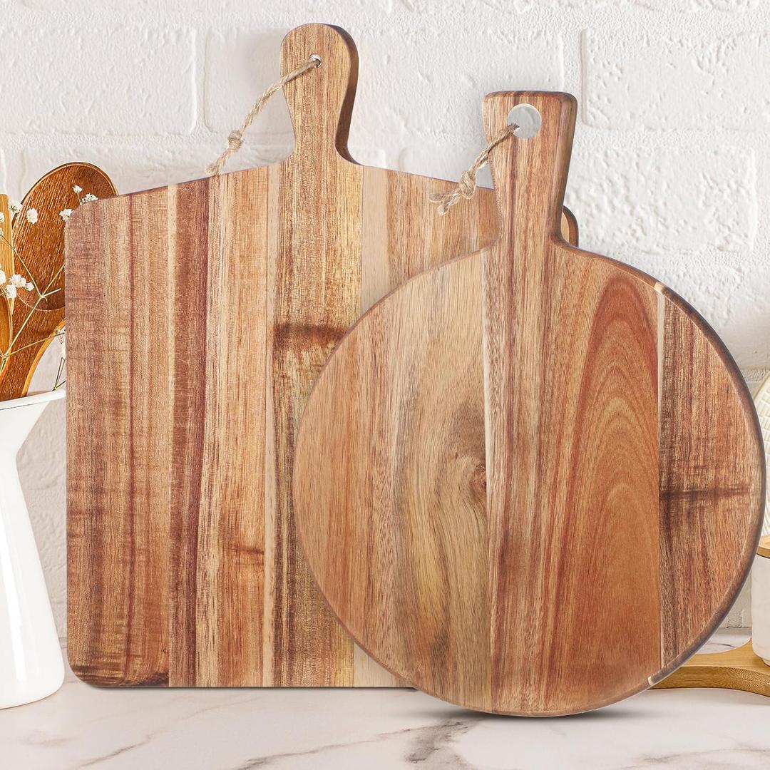 Hsei 2 Pcs Acacia Wood Cutting Board with Handle Wooden Charcuterie Board Large Paddle Carving Chopping Set Butter Serving Tray for Cheese Meat Fruit Pizza Bread(Vintage Style, 16x12, 17x13 Inch)