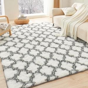 Litanika 8x10 Geometric Shag Area Rug for Bedroom, White and Grey High Pile Ultra Soft Plush Shaggy Furry Bedside Playroom Dorm Carpet, Non-Slip, Non-Shedding Indoor Floor Rug