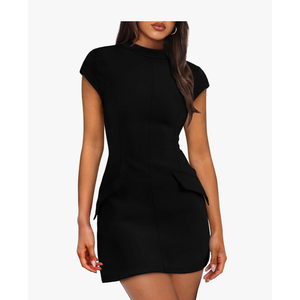 OFEEFAN Womens Summer Dress Mock Neck Short Sleeve Bodycon Party Club Mini Dresses Black M
