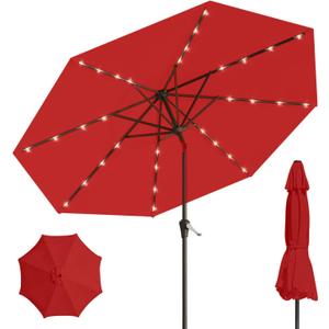 9' Solar LED Patio Umbrella with Tilt & Crank|8 Sturdy Ribs,UV Protection,Outdoor Market Table Umbrella for Deck,Lawn,Pool,Backyard (Red)