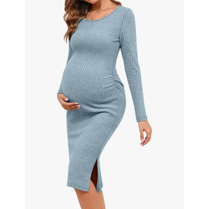 Ficerd Women's Ribbed Knit Maternity Dresses Long Sleeve Pregnancy Bodycon Dress 2025 Split Stretchy Clothes for Baby Shower S