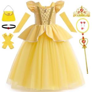 Luzlen Belle Costume for Girls Yellow Princess Dress up Halloween Birthday Party Cosplay Outfits with Accessories, Size 140