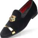 Men's Loafers Velvet Gold Buckle Fashion Handmade Party Wedding Prom Shoes (9, Black), 42