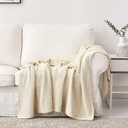 Longhui bedding 100% Cotton Knitted Throw Blanket Cream, Soft & Cozy, Machine Washable, 51"x63" Perfect for Living Room, Couch, Sofa, Bed or Travel