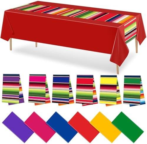 VitalCozy 11 Pcs Plastic Mexican Table Runner and Fiesta Tablecloth Set Cinco De Mayo 14 x 108 In Striped Serape Table Runner for Dia De Los Muertos Mexican Birthday Party Decorations (Assorted Color)