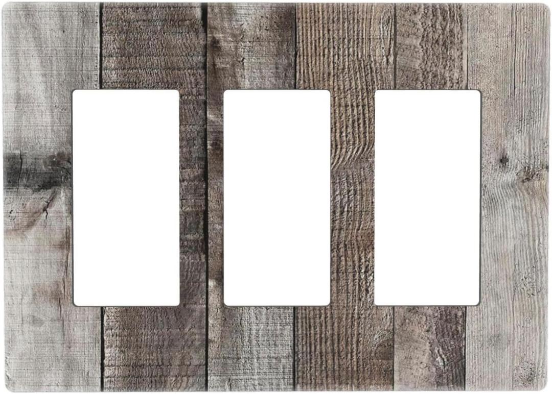 Vintage Dark Brown Gray Wood Wooden Grain 3 Gang Decorator/Gfci Light Switch Cover Plate, Rustic Country Farmhouse Distressed Kitchen Style Triple Rocker Device Socket Switch Face Wall Plate Cover