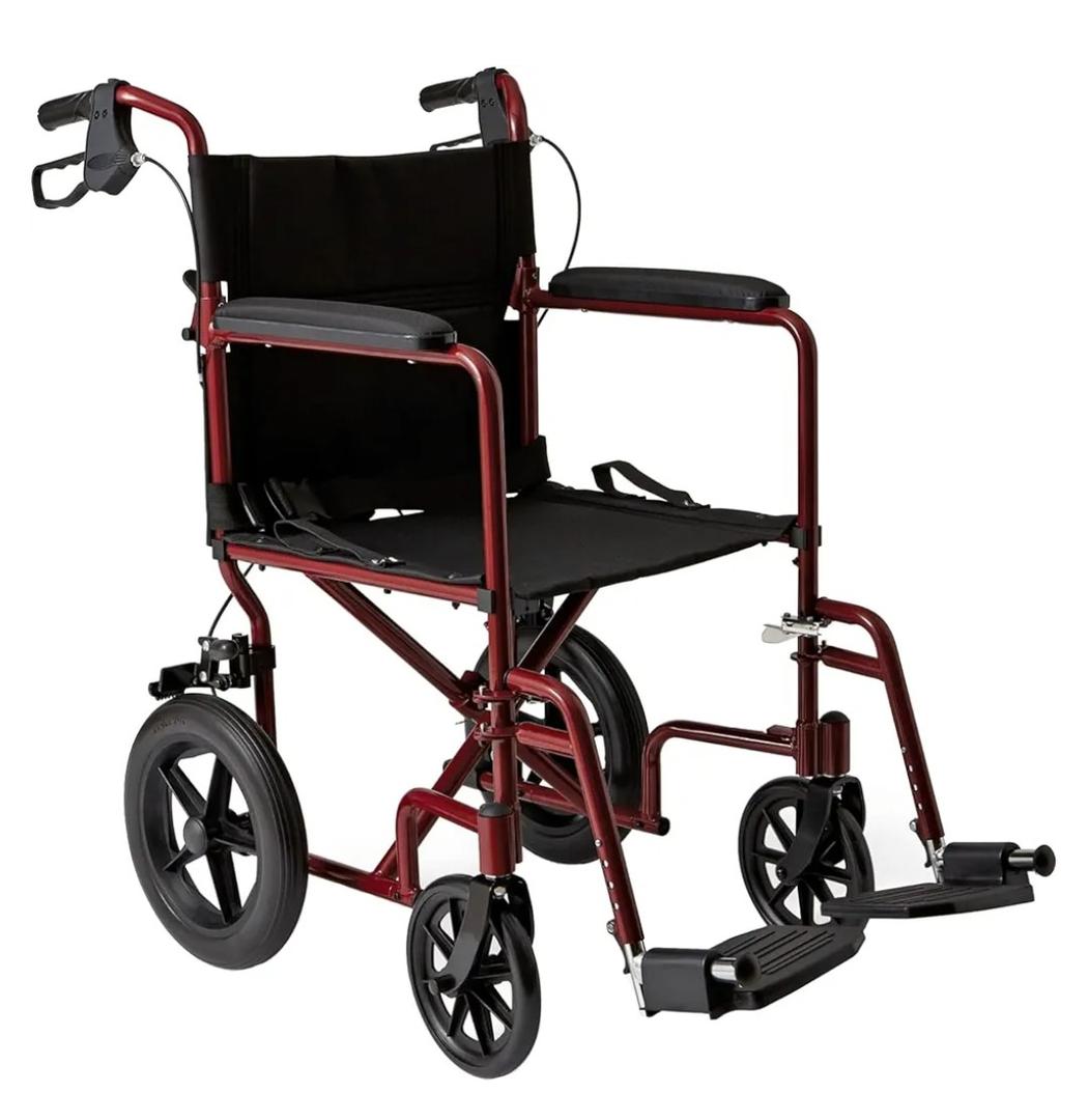 Medline Lightweight Foldable Transport Wheelchair with Handbrakes and 12-Inch Wheels, Red Frame, Black Upholstery