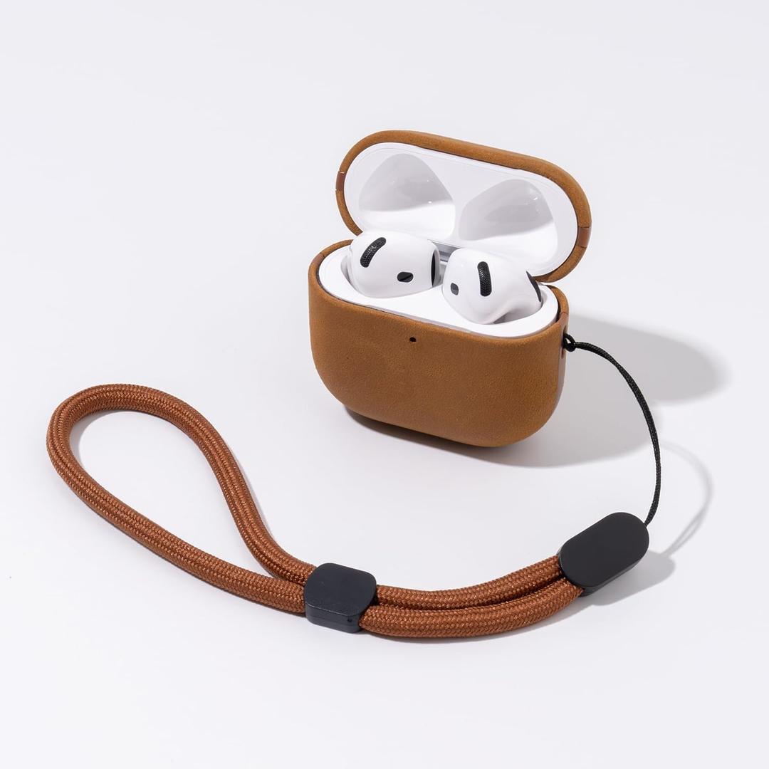 for AirPods 4 Leather Case | Slim Hard Cover Compatible with AirPods 4th Generation | Crazy Horse Leather | Full Drop Protection Cover with Lanyard | Air Pods 4 Case - Brown