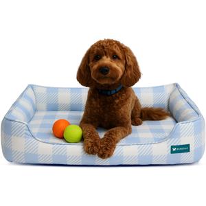 Orthopedic Bolster Dog Bed  CertiPUR-US Foam, Recycled Polyester Canvas, Washable Cover, Anti-Slip Bottom, Large, Light Blue Check  Stylish Designer Dog Sofa (L: 39" X 32" X 9")