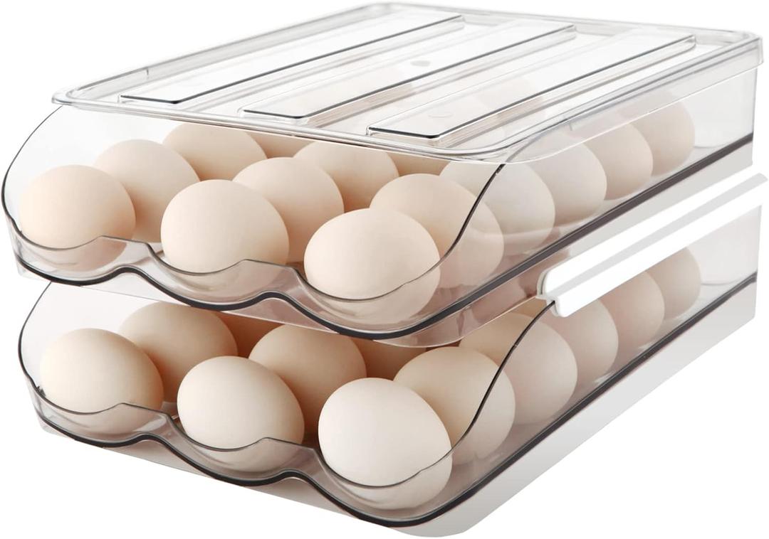 Egg Holder for Fridge, Automatically Rolling Egg Storage Container for Refrigerator,Large Capacity Egg Organizer for Fridge with Lid,Clear Plastic Dispenser, Tray & Bin -2 Layer