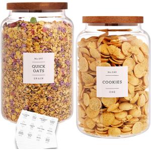 CZHQSMZ Set of 2 Large Glass Flour and Sugar Containers with 132 Pantry Labels - Glass Food Storage Jars with Airtight Bamboo Lid for Flour Pasta Candy Coffee Cookie and More(1 Gallon/4000 ml)