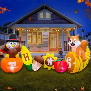SEASONBLOW 8FT Thanksgiving Inflatable Turkey with Pumpkin Outdoor Decorations, LED Light Up Thanksgiving Blow Up Turkey with Corn Squirrel and Cornucopia for Celebrate Autumns Fall Harvest Yard Decor