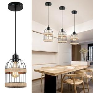 Senyshilon Rattan Pendant Lights Kitchen Island, 1-Lighting Boho Dining Room Light Fixtures/ Chandelier Over Table, Black Farmhouse Chandeliers for Dining Room, Kitchen Island, Entryway, Hallway