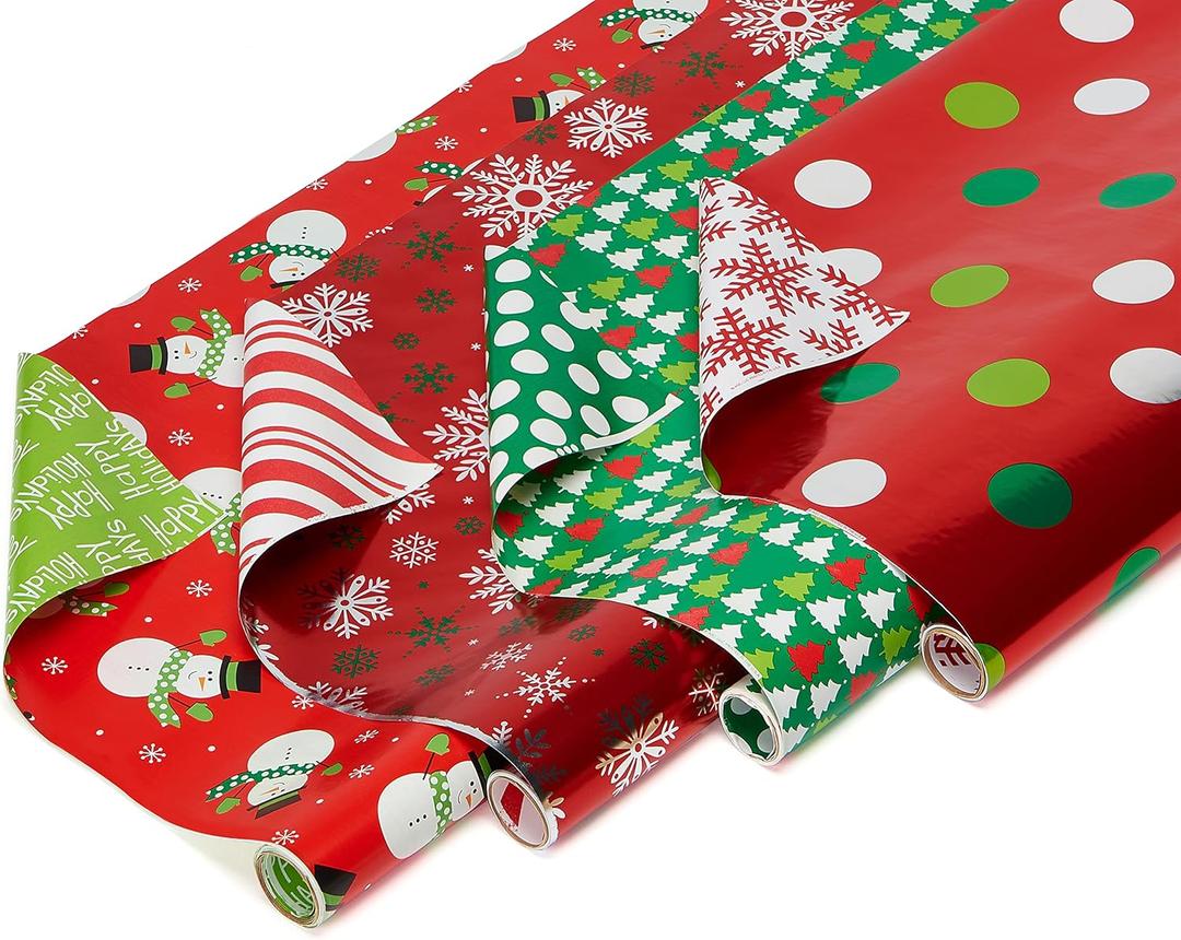 American Greetings Reversible Christmas Wrapping Paper Rolls, Red and Green Holiday Gift Wrap (105 sq. ft., 4 Rolls-30 in. x 12 ft.) Polka Dots, Trees, Snowmen and Snowflakes