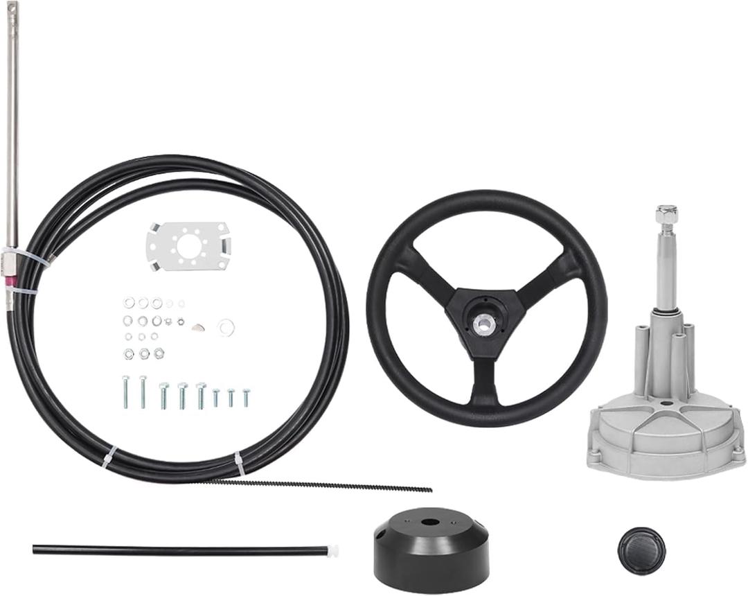 15 FT Boat Control Cable Outboard Rotary Steering System Kit With 12.5 Inches Wheel - Durable Marine Replacement for Mechanical/Manual Steering of Yachts, Fishing Boats