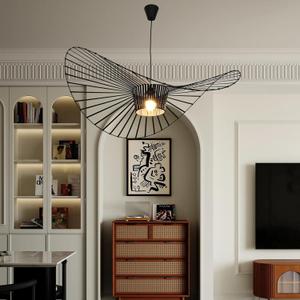 Modern Black Woven Chandelier, 47.2" Farmhouse Coastal Hat Pendant Light Fixtures Matte Black Handwoven Shade Boho Pendant Hanging Lamp for Kitchen Dining Room Bedroom Foyer Hallway