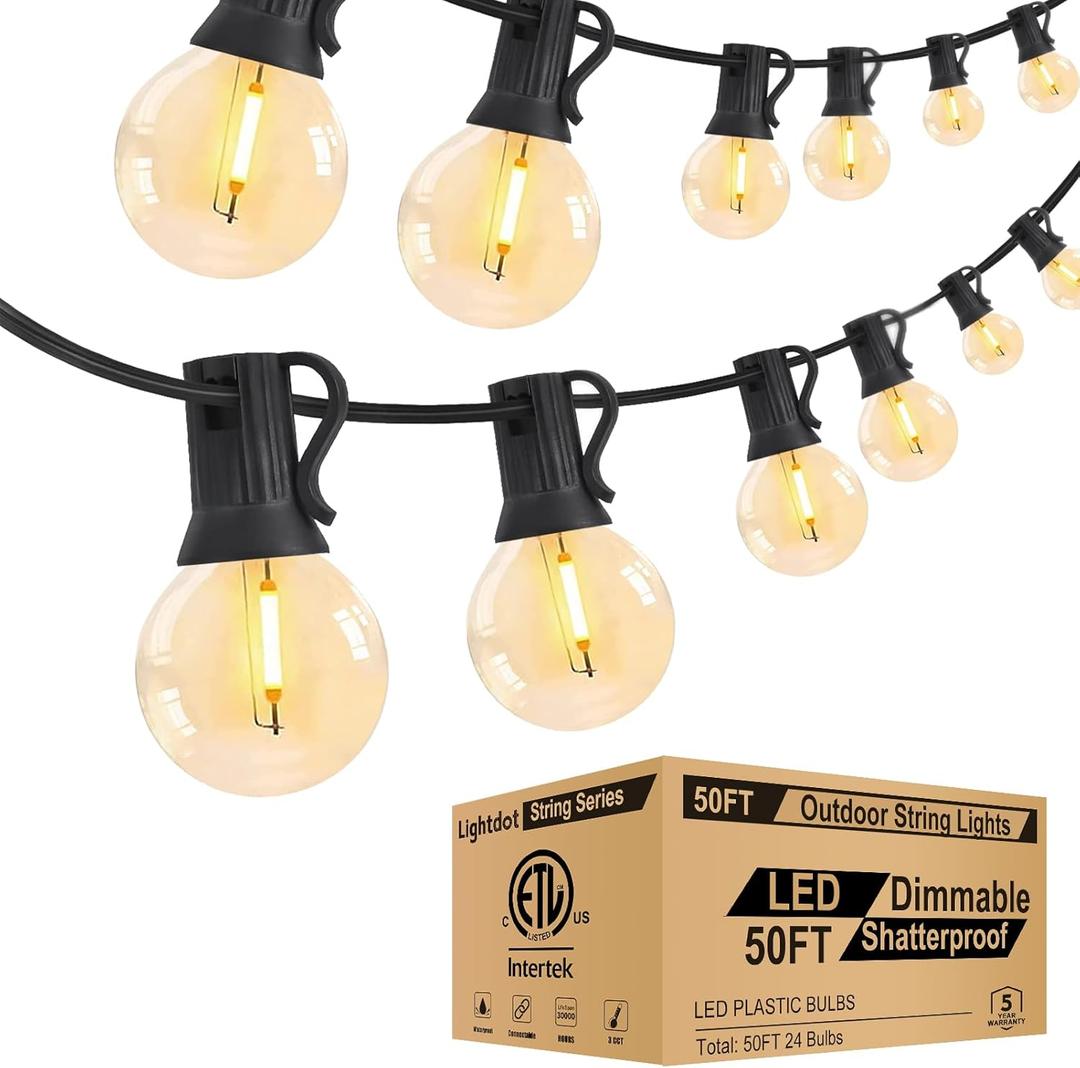 Lightdot 50FT Outdoor String Lights, LED Bistro String Lights with Shatterproof G40 Bulbs, 2700K Dimmable, Waterproof Hanging Lights for Porch, Party, Garden, Backyard, Balcony - ETL Listed