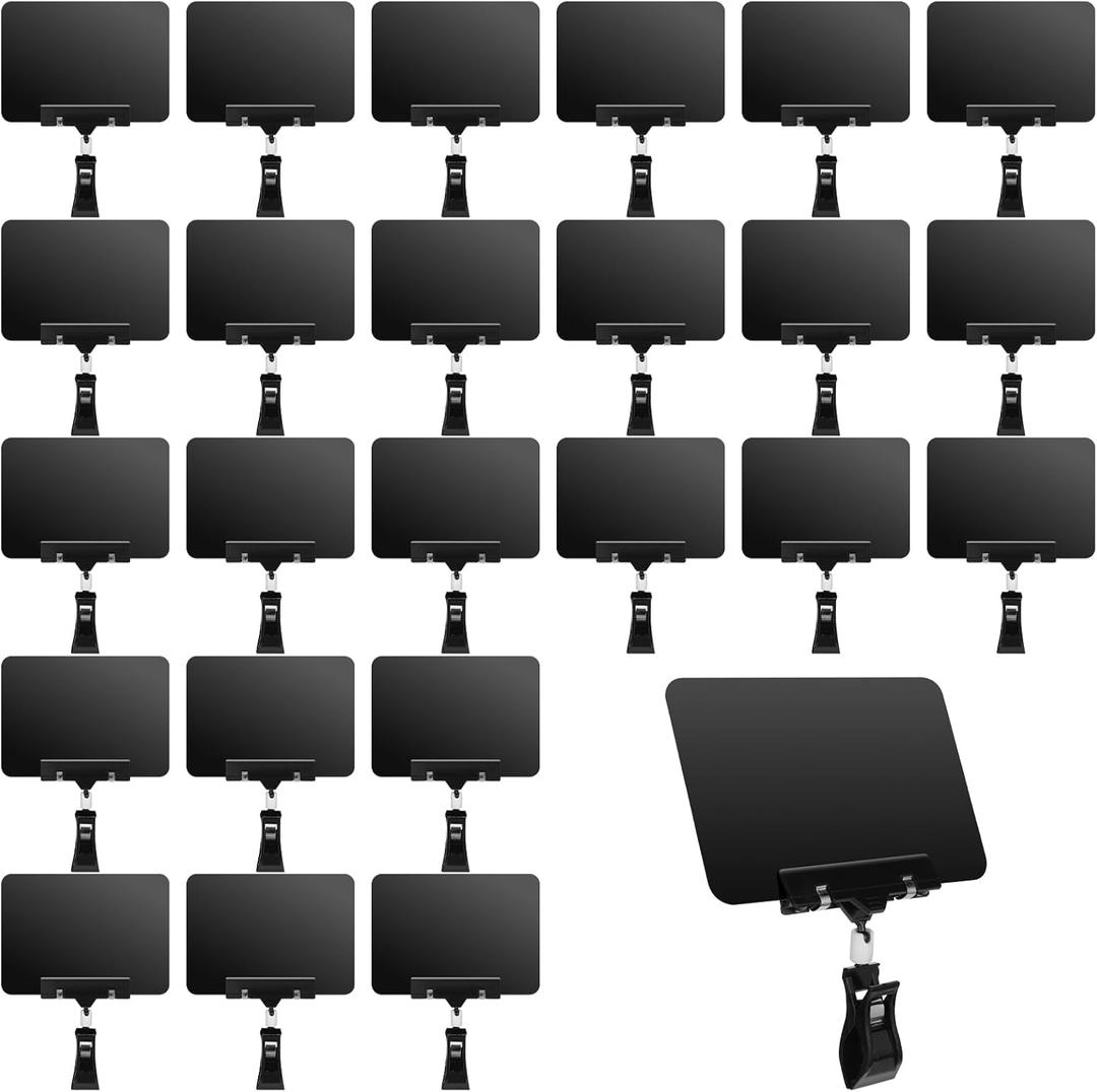 24 Pcs Mini Chalkboard Signs with Rotatable Clip, Double Head Sign Clips Erasable Plastic Price Display Clip Holder for Business Retail Food Clothing Rack Shelf Basket Sign Display