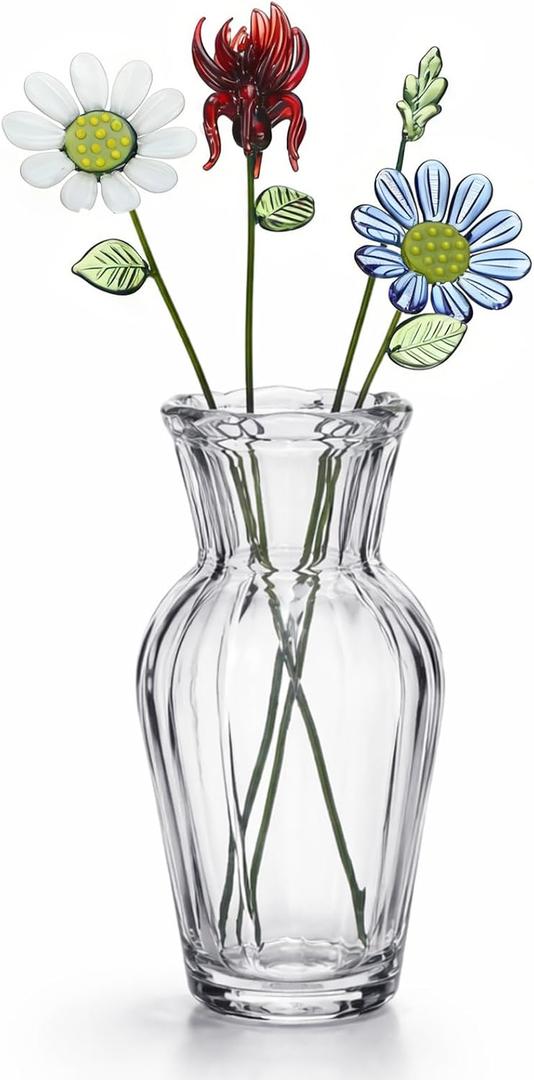 HunnmingRe 5 Pcs Glass Flowers with Vase, April Birth Month Flower Decor, Handmade Blown Glass Birthday Flower Bouquet, Birthday Gifts for Mom Women, Home Office Table Centerpiece Wedding Decor
