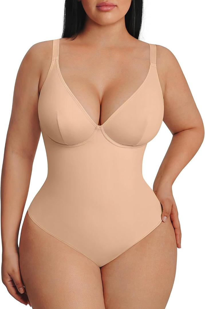 FeelinGirl Shapewear Bodysuits for Women Tummy Control Body Suits Deep V Neck Thong Body Shaper, Small