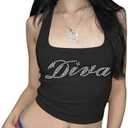 WDIRARA Women's Letter Rhinestone Racerback Crop Tank Top Y2k Square Neck Sleeveless Rib Knit Tops S