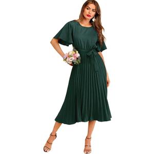 Milumia Women's Elegant Belted Pleated Flounce Sleeve Long Dress (Large, Green)