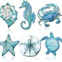 Tandefio 6 Pcs Coastal Wall Decor Ocean Beach Metal Wall Art Sea Life Turtle Seahorse Crab Shell Conch Bathroom Hanging Decor for Nautical Theme Home Living Room Bedroom Outdoor Decorations