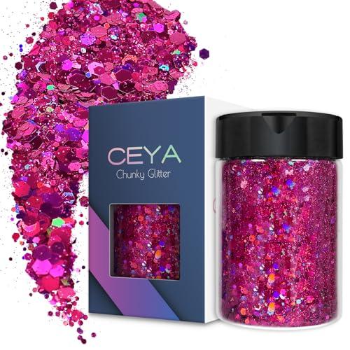 Ceya Holographic Chunky Glitter, 4.9oz/ 140g Fuchsia Craft Glitter Powder Mixed Chunky & Fine Flakes Iridescent Nail Sequins for Nail Art, Hair, Epoxy Resin, Tumblers, Slime, Painting, Festival Decor