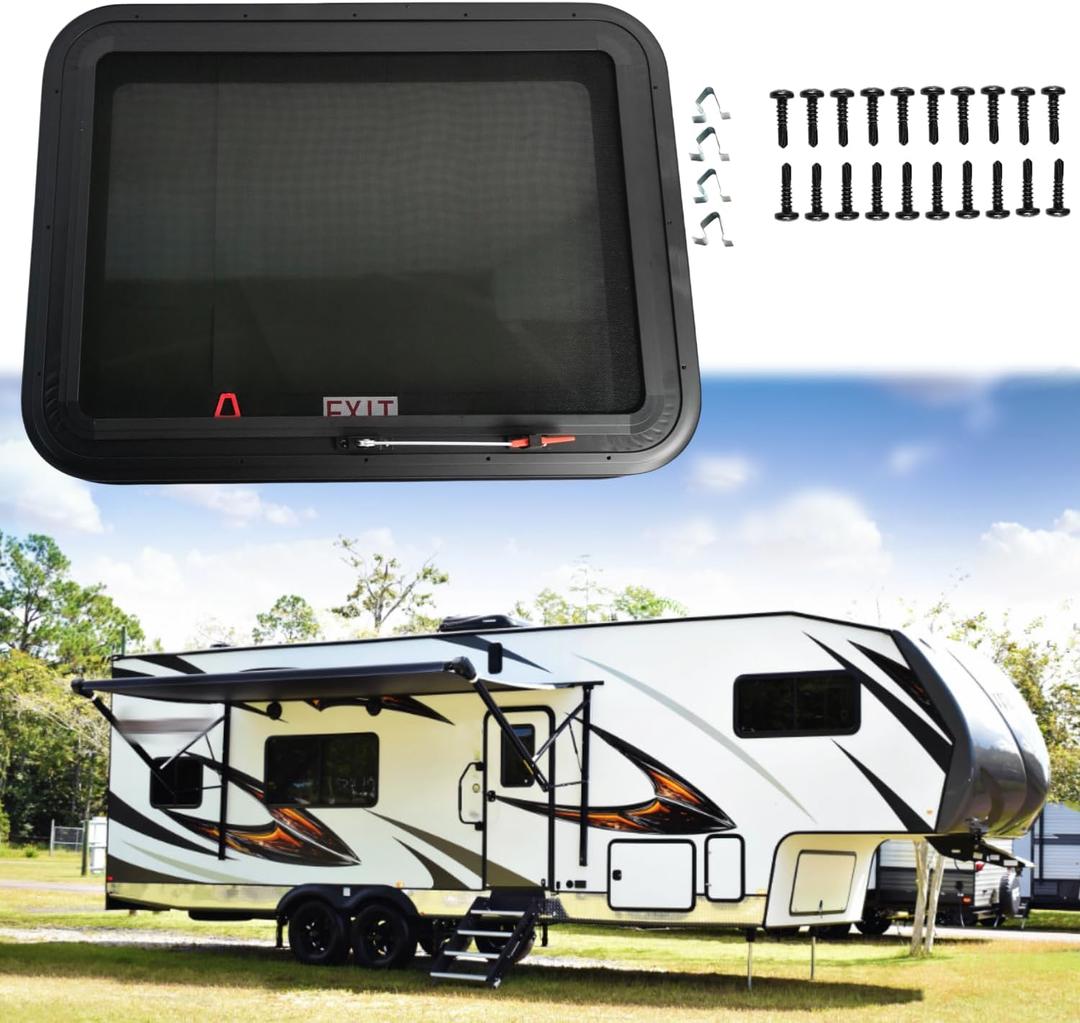 30" W x 22" H Camper Push Window with Net Screen and Trim Ring - Emergency Escape Window for RVs and Trailers