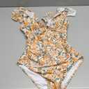 CUPSHE Women's Ruffled One Piece Swimsuit V Neck Lace Up (Medium, Orange Ditsy Print)